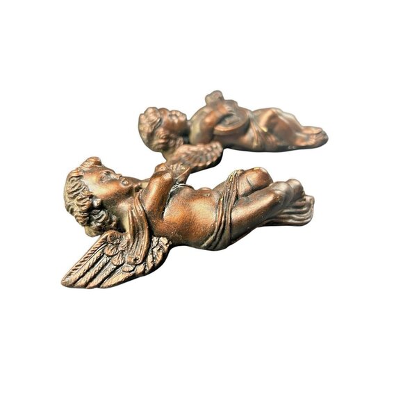Vintage Angel Cherub Wall Hanging Plaque Pair 2 Gold Chalk ware Instruments 5" - Picture 4 of 10